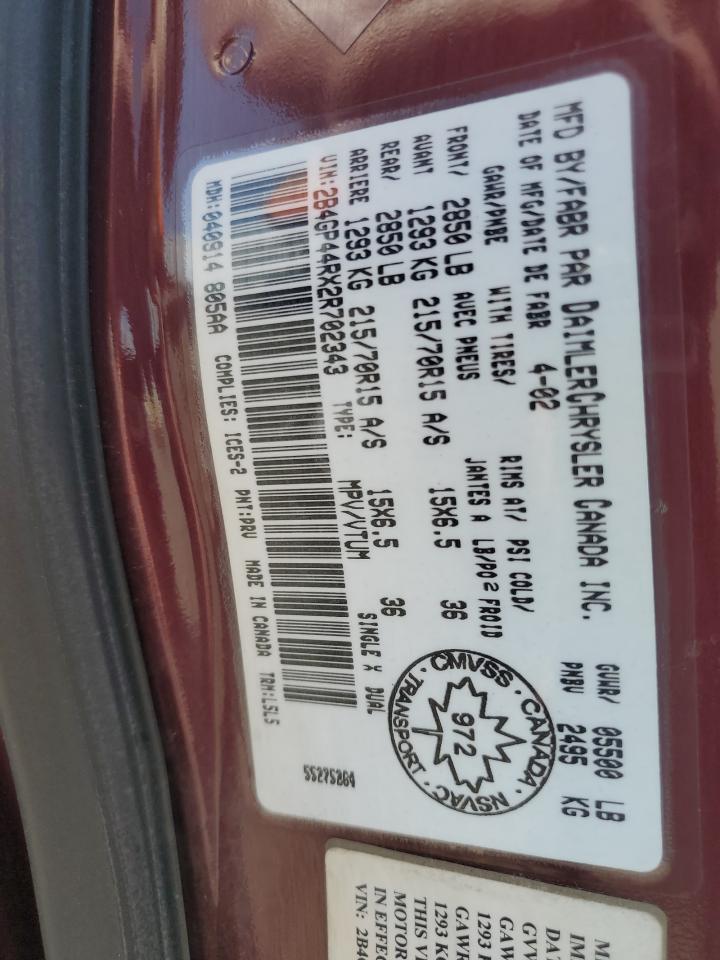2002 Dodge Grand Caravan Sport VIN: 2B4GP44RX2R702343 Lot: 63448095