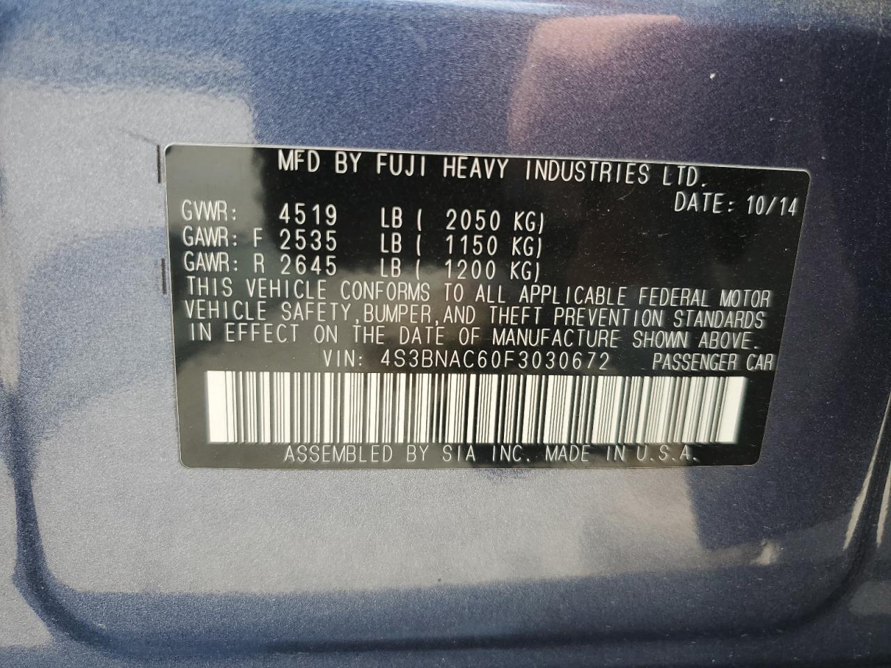 2015 Subaru Legacy 2.5I Premium VIN: 4S3BNAC60F3030672 Lot: 64955595