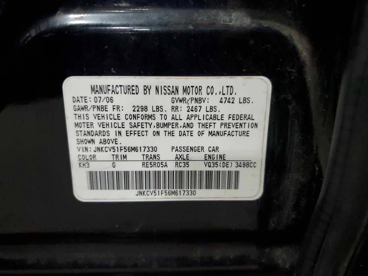 2006 Infiniti G35 VIN: JNKCV51F56M617330 Lot: 65200785