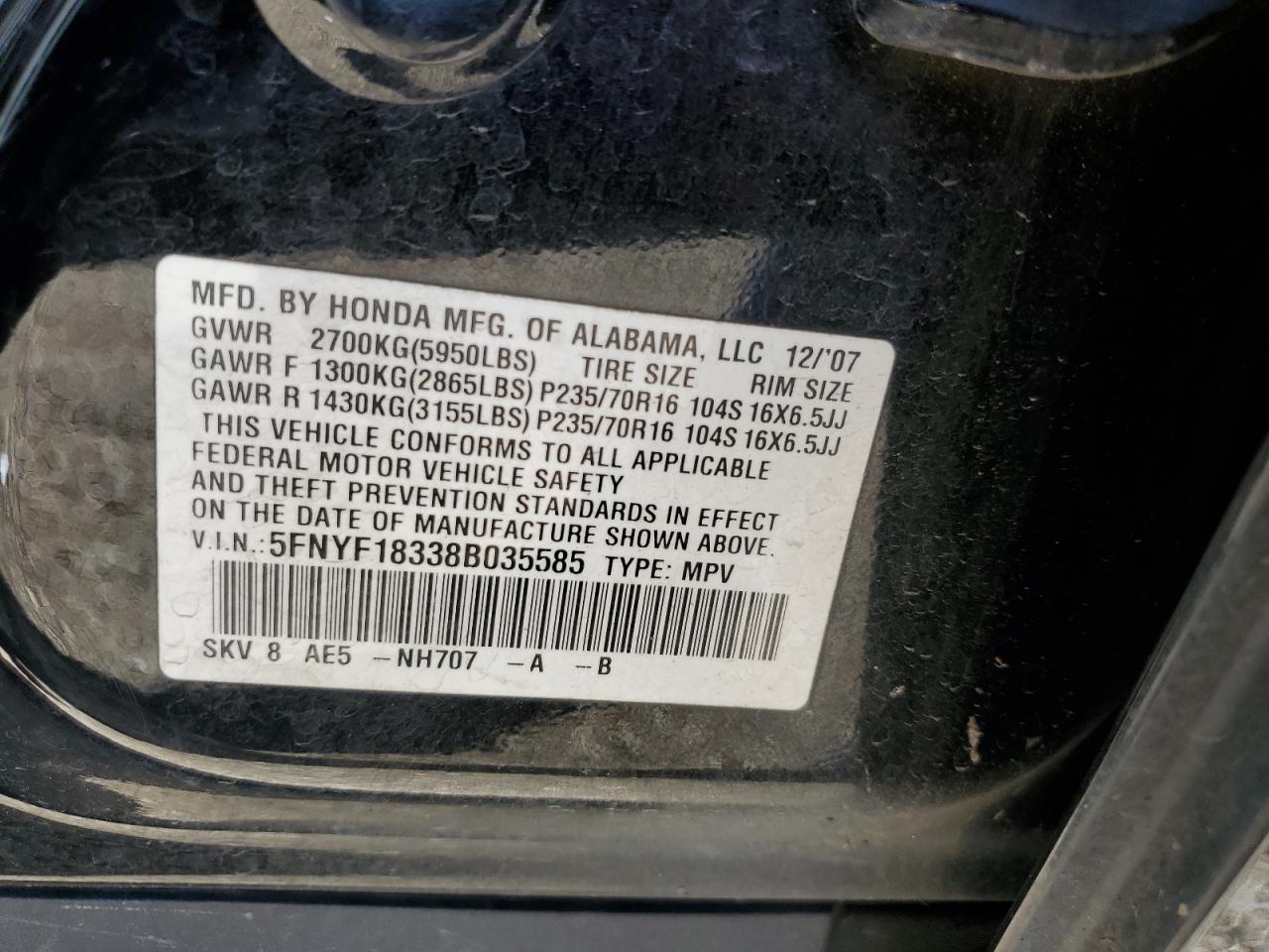 2008 Honda Pilot Se VIN: 5FNYF18338B035585 Lot: 62862635