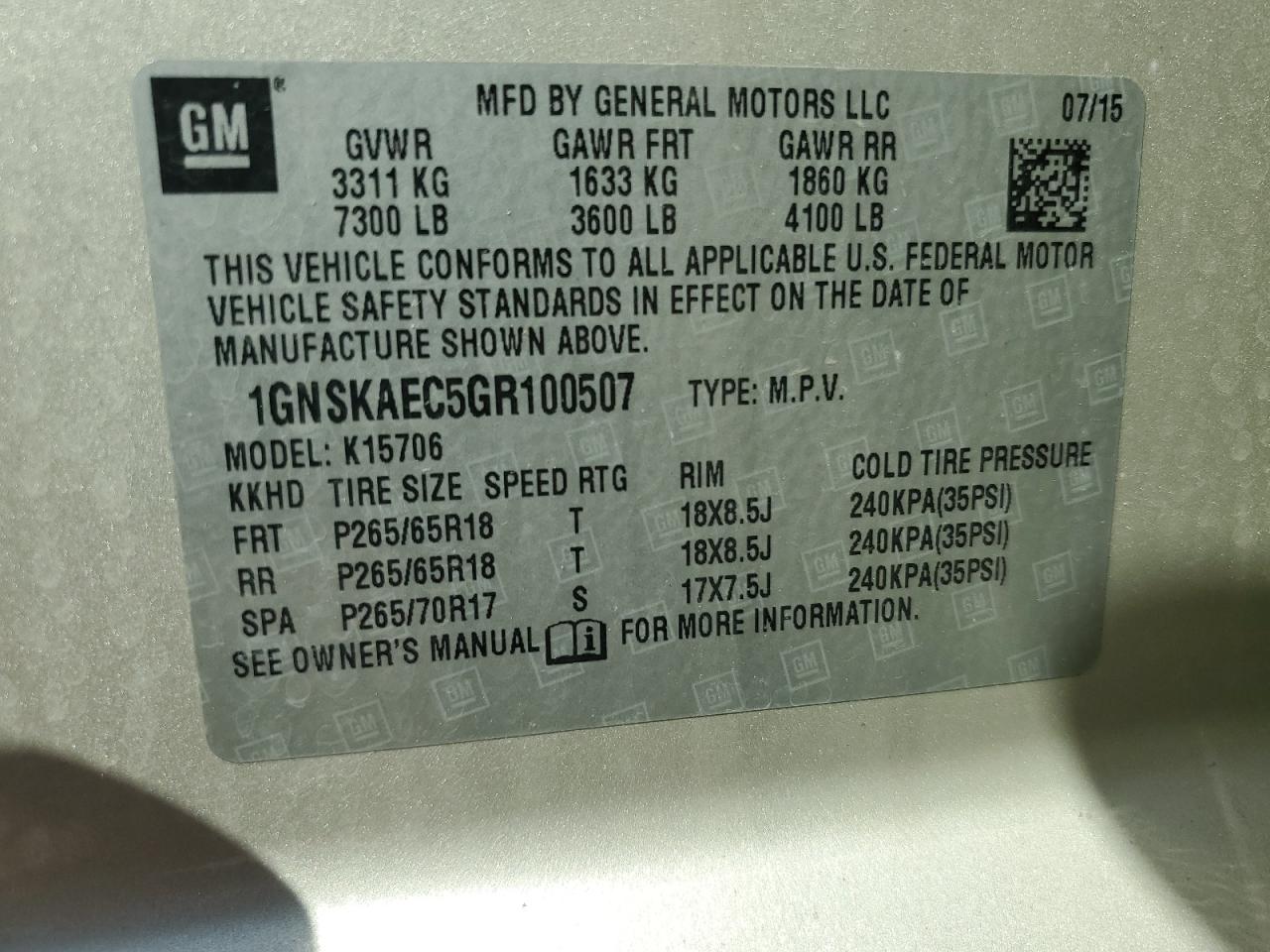 2016 Chevrolet Tahoe K1500 Ls VIN: 1GNSKAEC5GR100507 Lot: 62418925