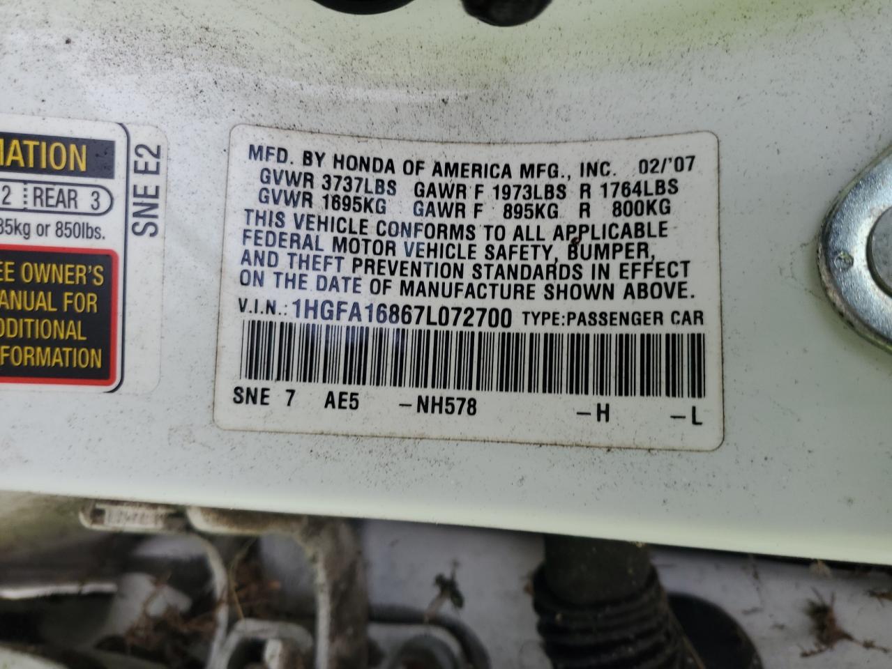 2007 Honda Civic Ex VIN: 1HGFA16867L072700 Lot: 64569595