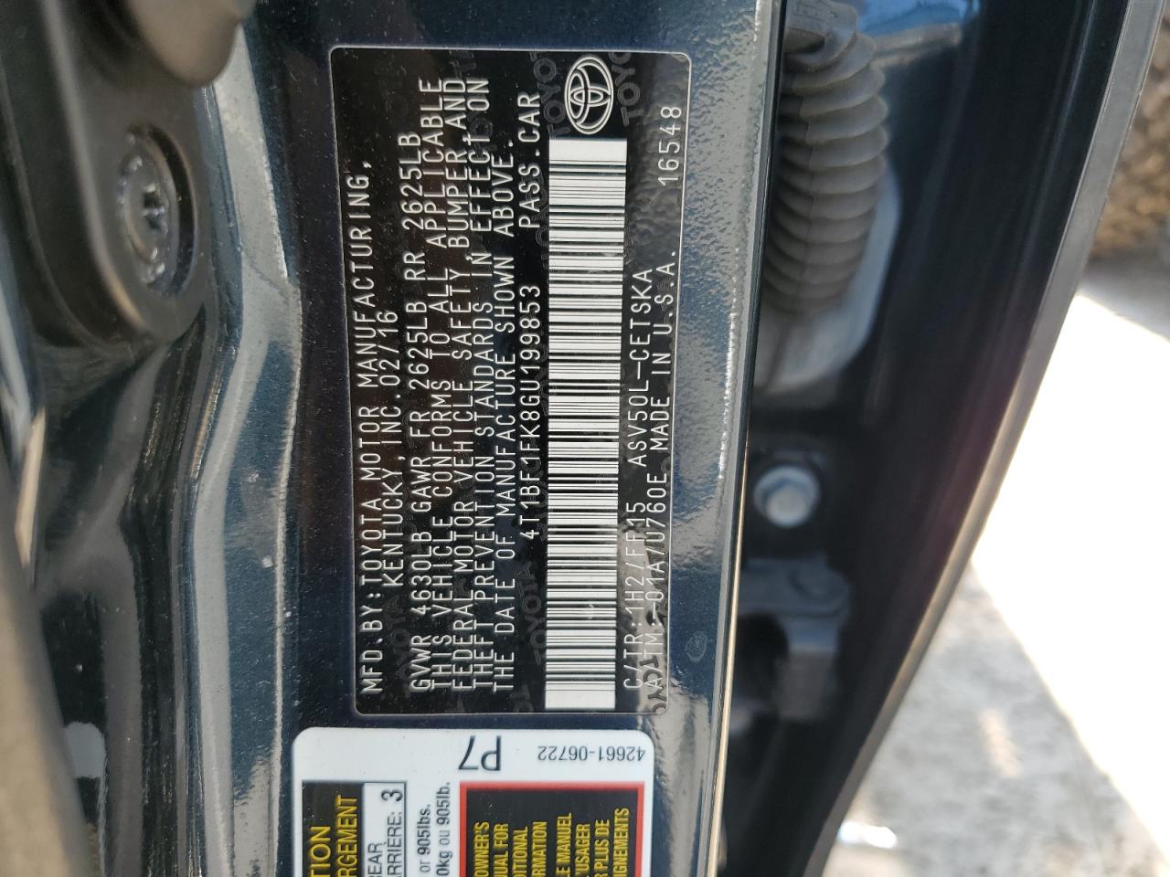 2016 Toyota Camry Le VIN: 4T1BF1FK8GU199853 Lot: 64777415