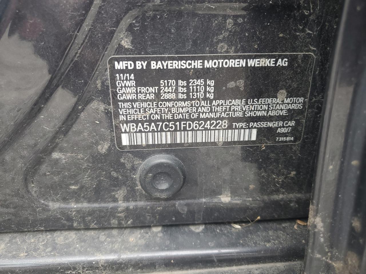 2015 BMW 528 Xi VIN: WBA5A7C51FD624228 Lot: 64579905