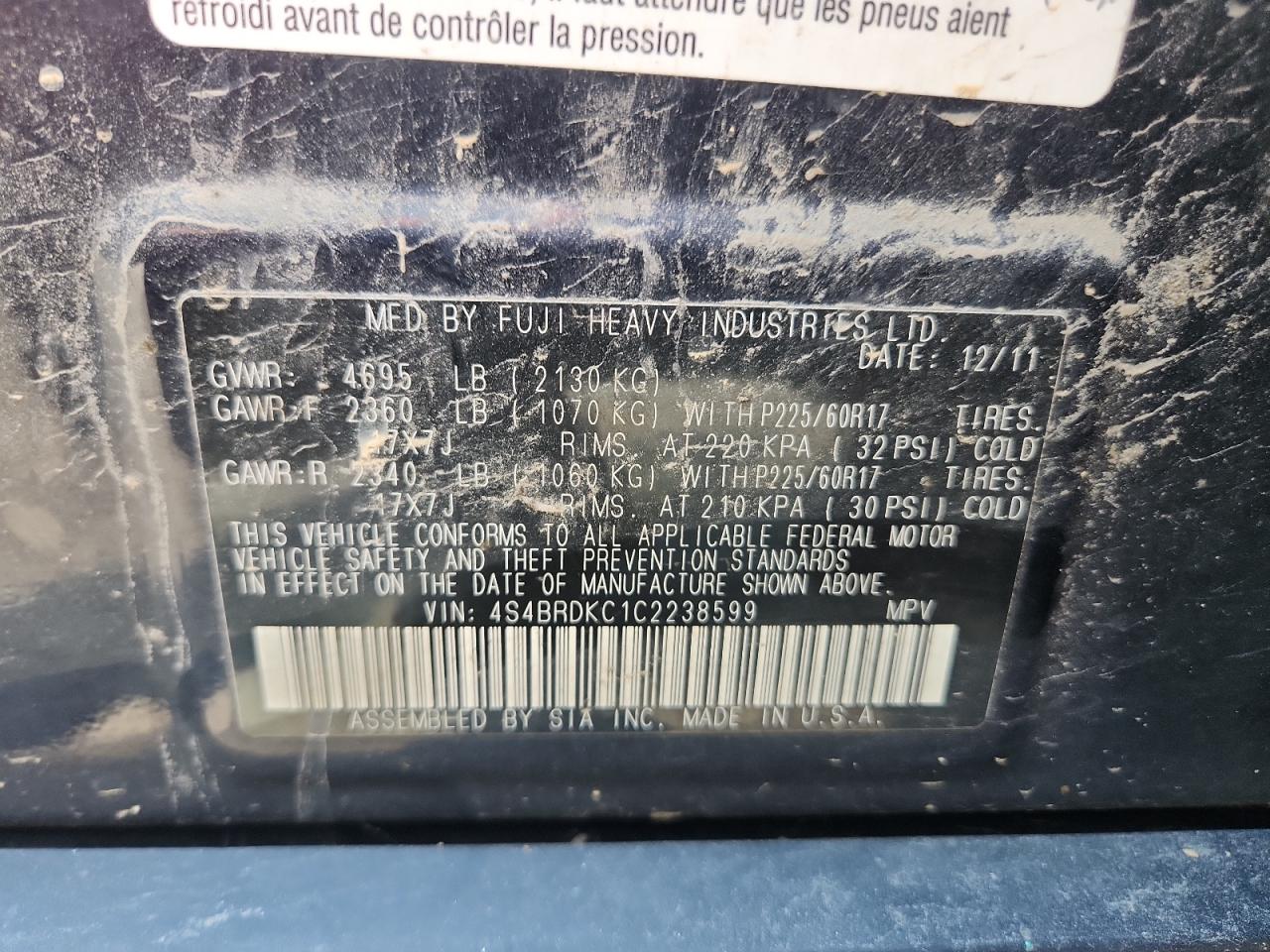 2012 Subaru Outback 3.6R Limited VIN: 4S4BRDKC1C2238599 Lot: 64240625