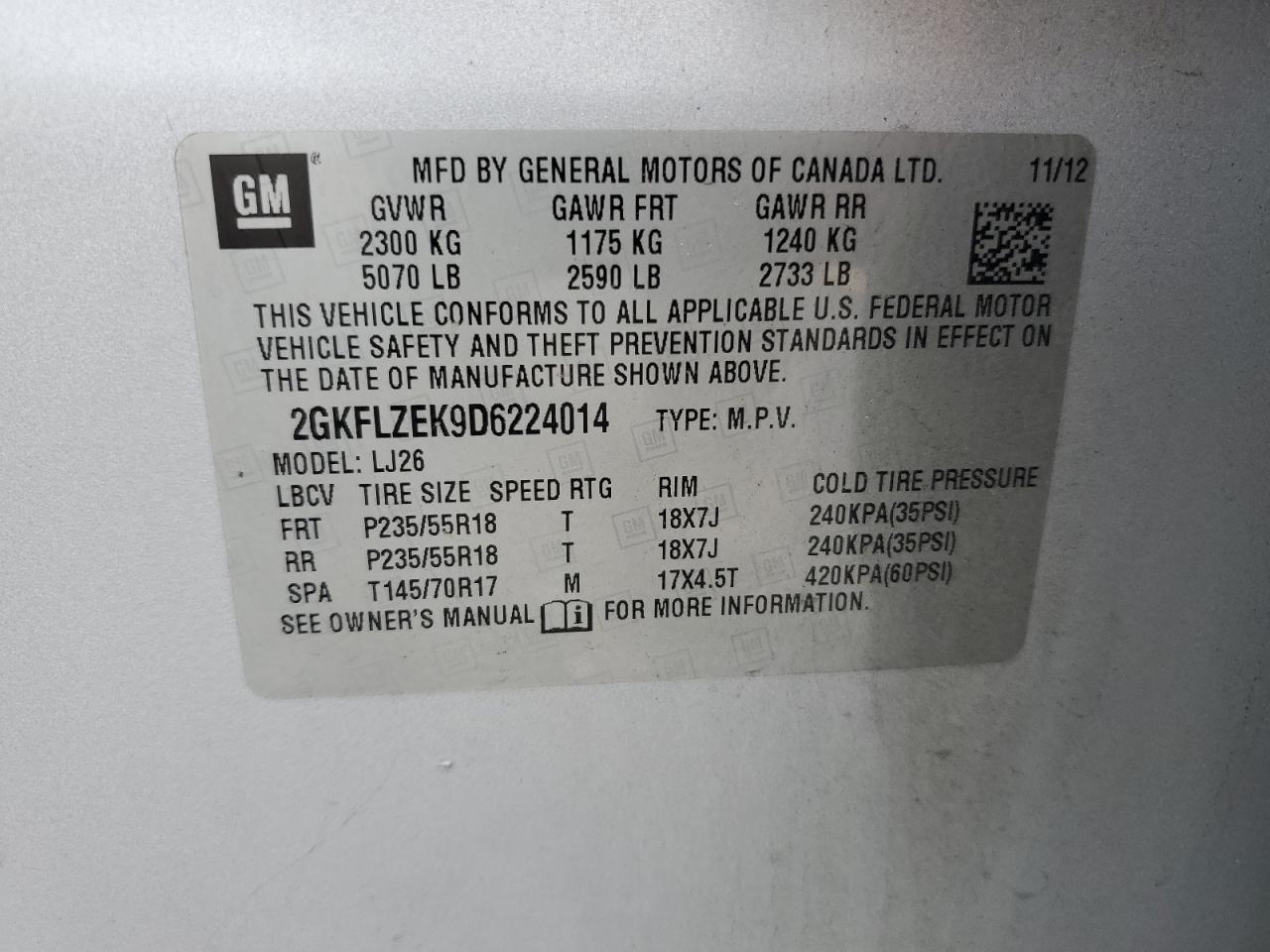 2013 GMC Terrain Denali VIN: 2GKFLZEK9D6224014 Lot: 61129735
