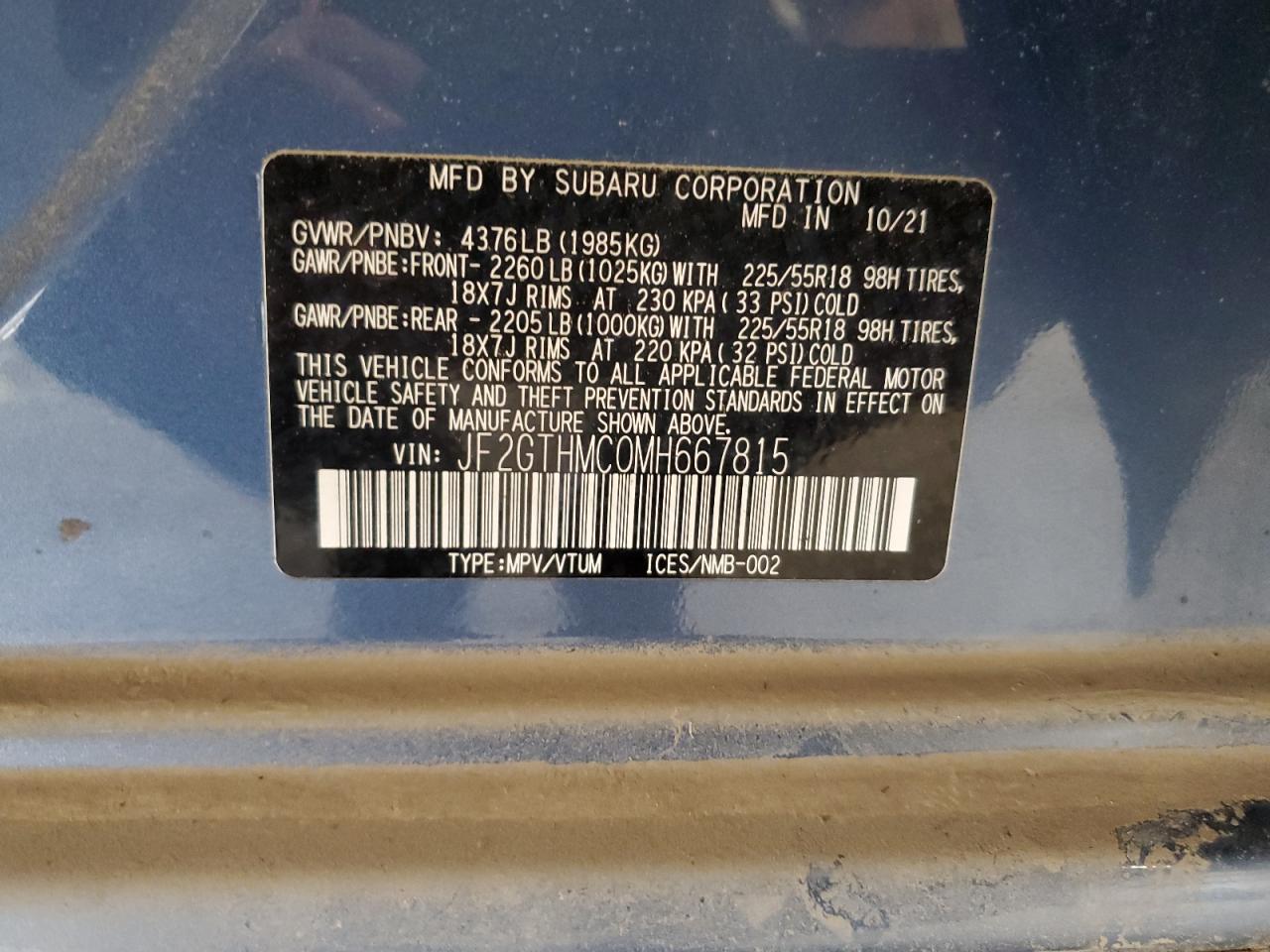 2021 Subaru Crosstrek Limited VIN: JF2GTHMC0MH667815 Lot: 64873855