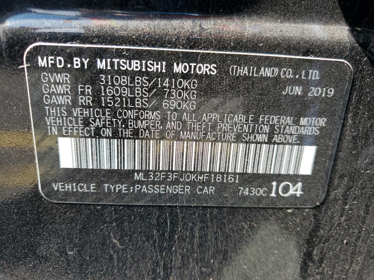 2019 Mitsubishi Mirage G4 Es VIN: ML32F3FJ0KHF18161 Lot: 66754705