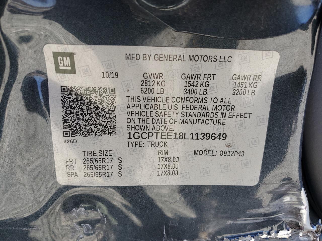 2020 Chevrolet Colorado Zr2 VIN: 1GCPTEE18L1139649 Lot: 64674805