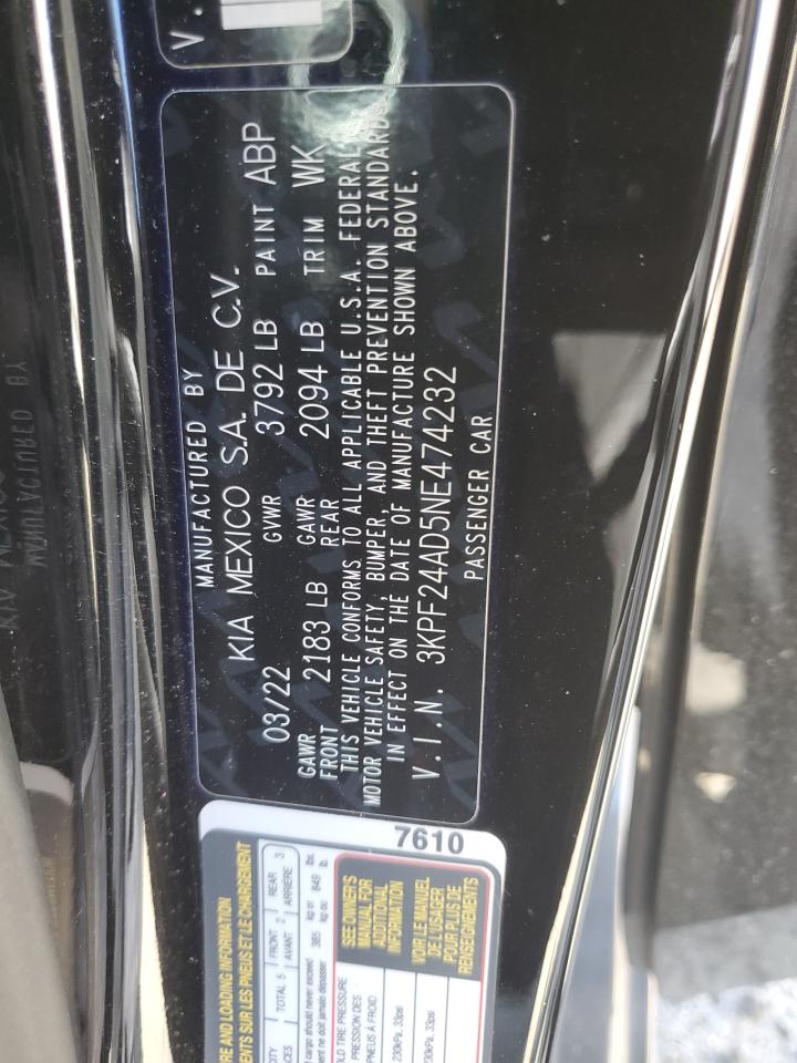 2022 Kia Forte Fe VIN: 3KPF24AD5NE474232 Lot: 65406945