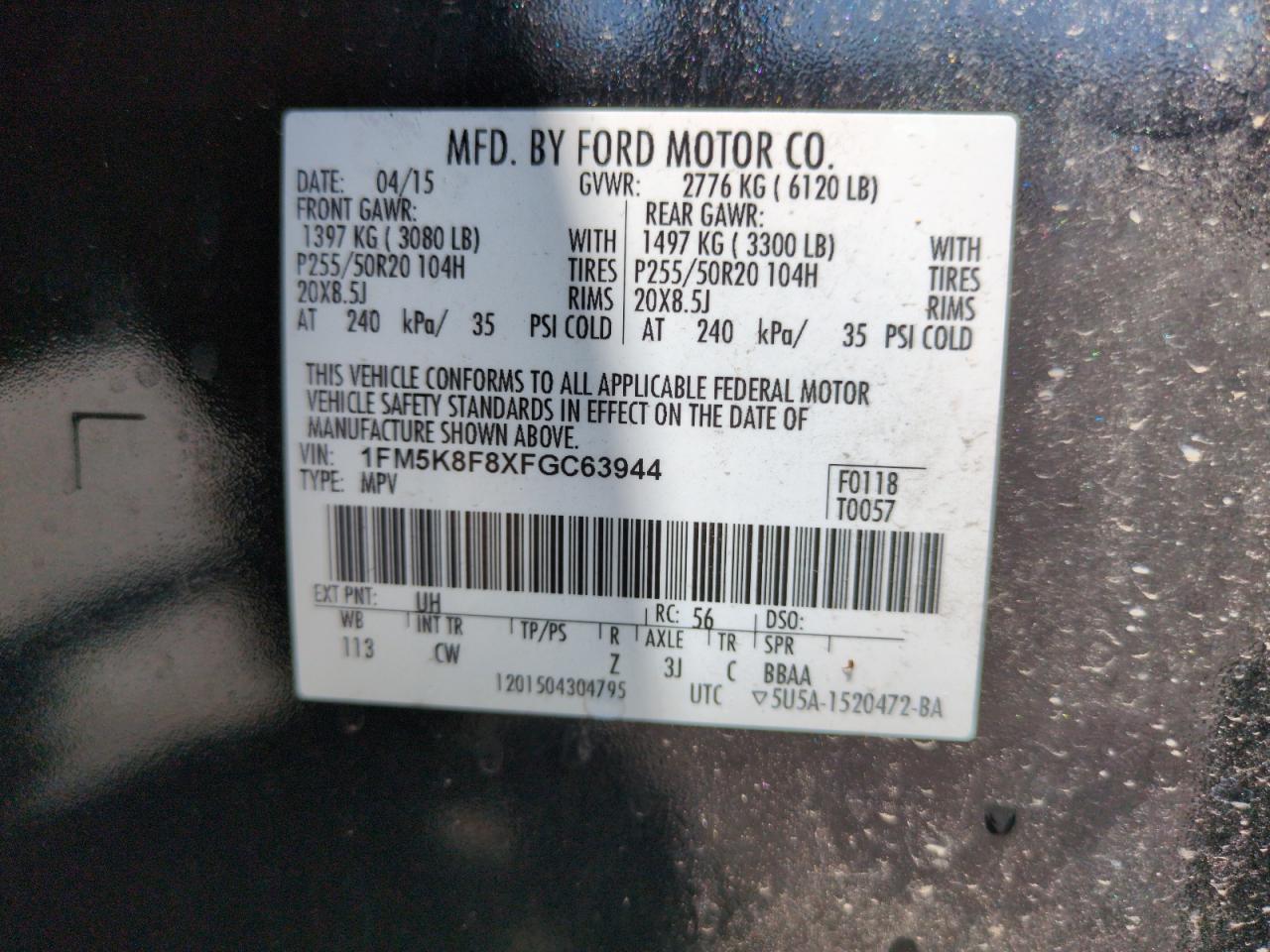 2015 Ford Explorer Limited VIN: 1FM5K8F8XFGC63944 Lot: 63926365