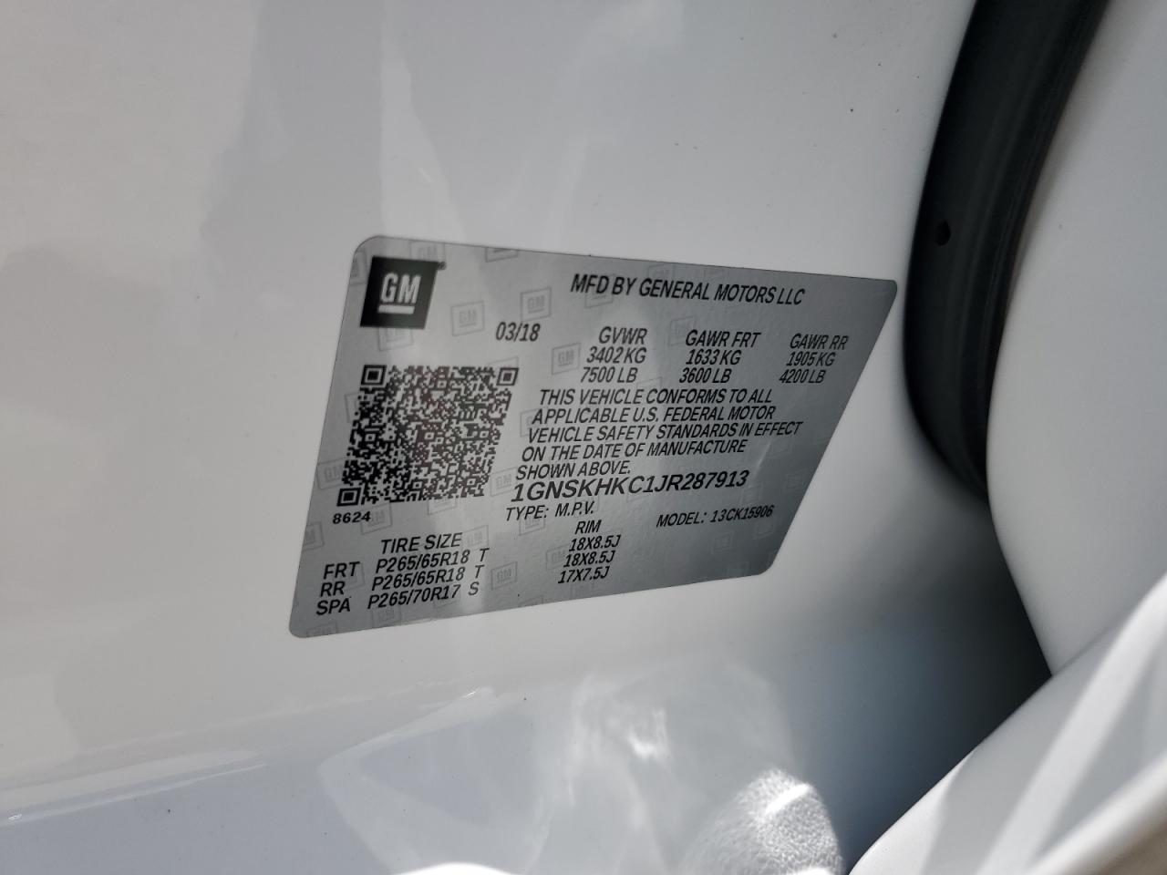 2018 Chevrolet Suburban K1500 Lt VIN: 1GNSKHKC1JR287913 Lot: 62855625