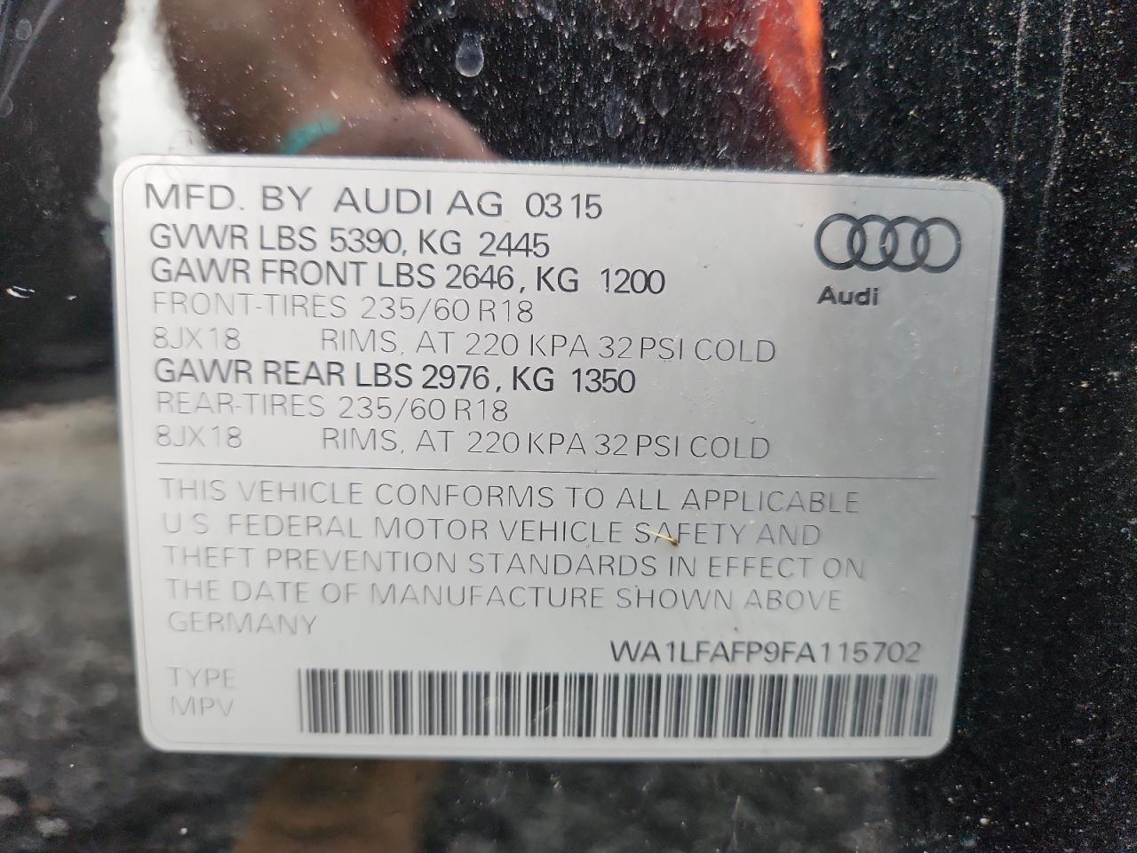 2015 Audi Q5 Premium Plus VIN: WA1LFAFP9FA115702 Lot: 64666995