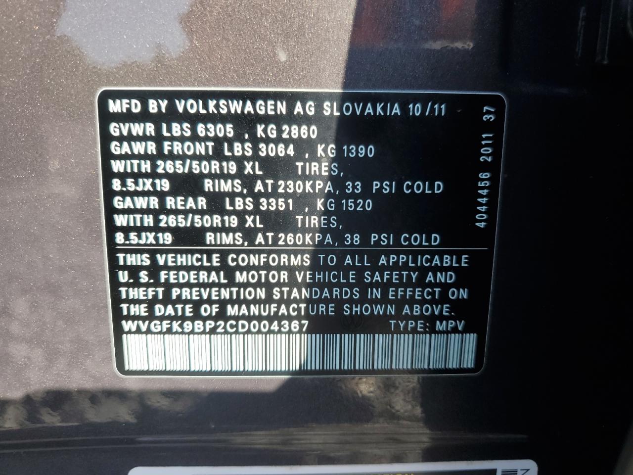 2012 Volkswagen Touareg V6 Tdi VIN: WVGFK9BP2CD004367 Lot: 64244145