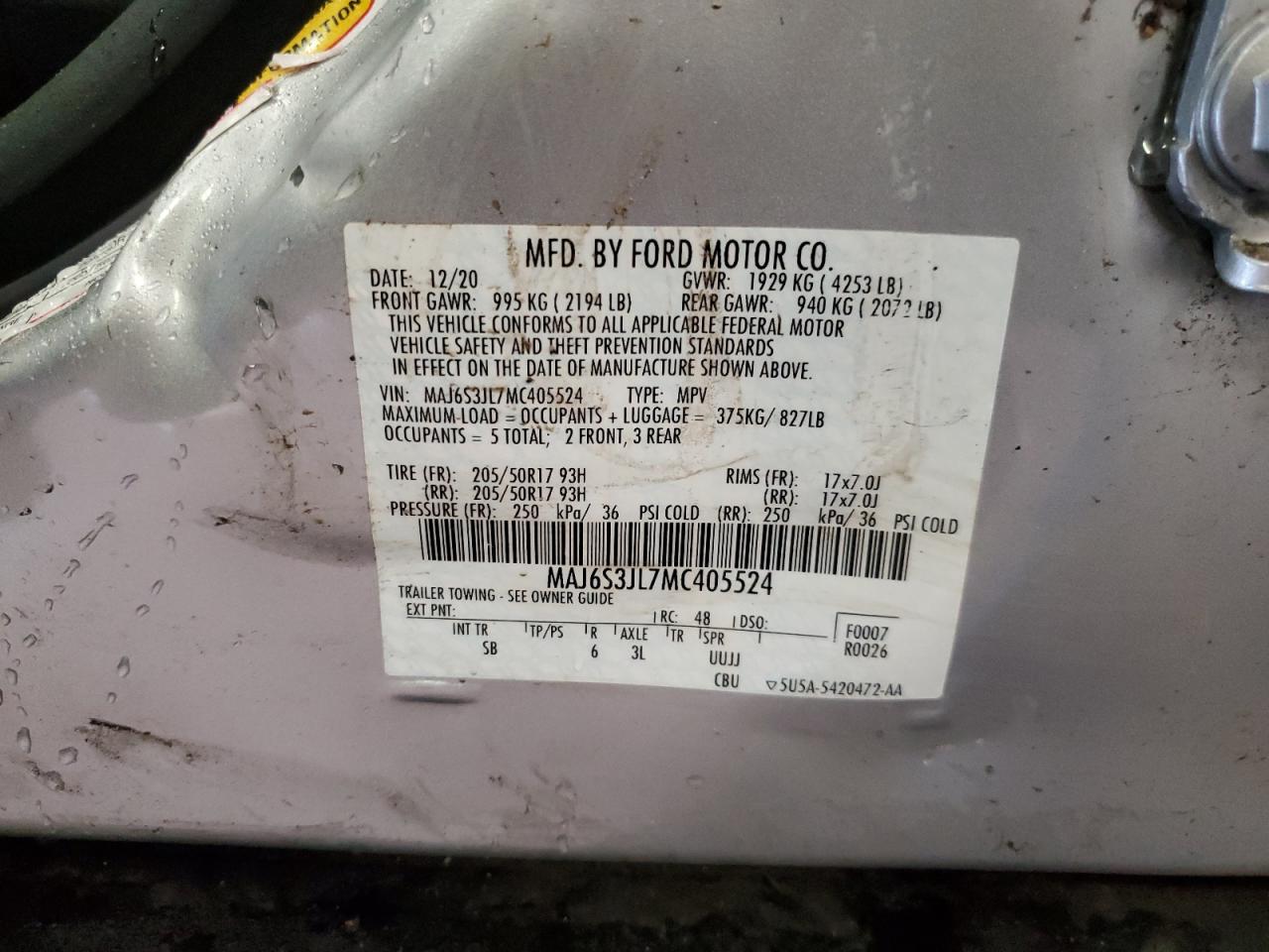 2021 Ford Ecosport Ses VIN: MAJ6S3JL7MC405524 Lot: 66505605