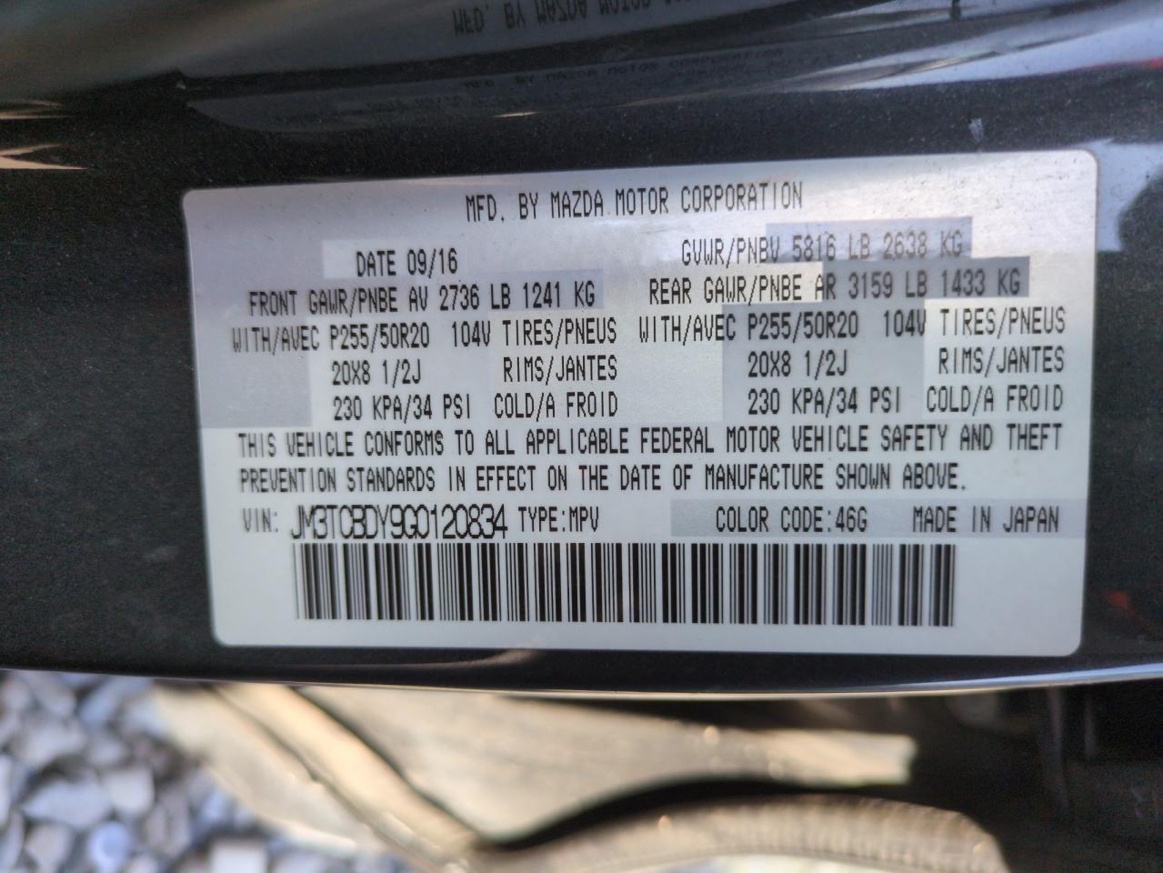 2016 Mazda Cx-9 Grand Touring VIN: JM3TCBDY9G0120834 Lot: 65276125