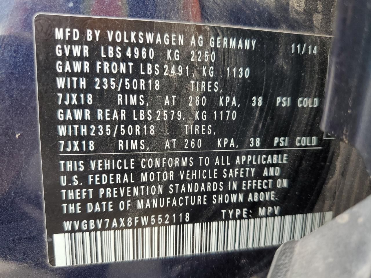 2015 Volkswagen Tiguan S VIN: WVGBV7AX8FW552118 Lot: 63349055