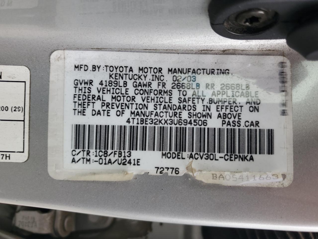 2003 Toyota Camry Le VIN: 4T1BE32KX3U694506 Lot: 65475765