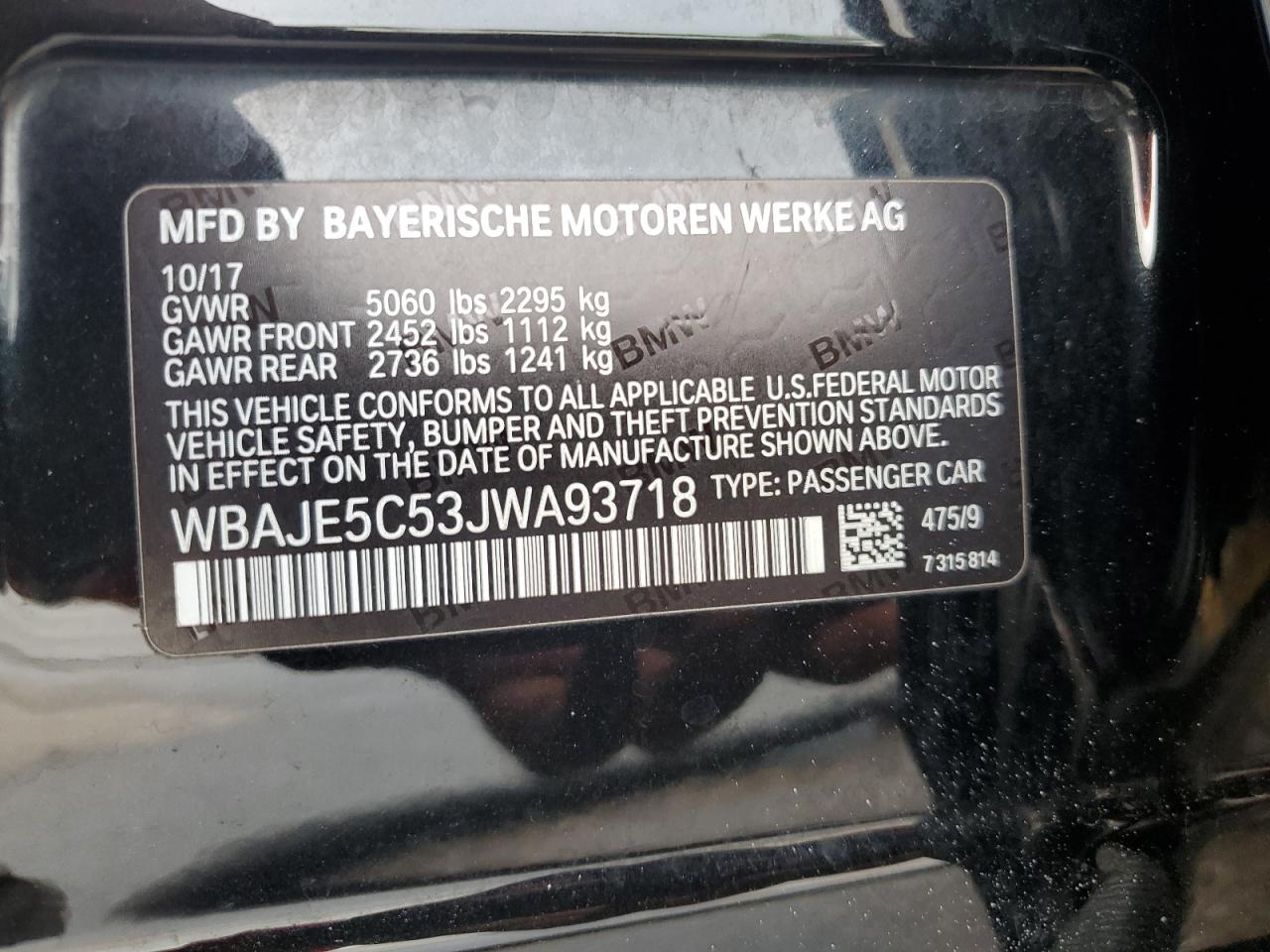 2018 BMW 540 I VIN: WBAJE5C53JWA93718 Lot: 63545925