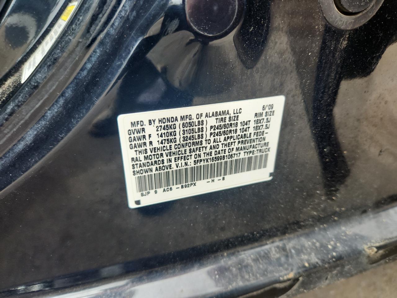 2009 Honda Ridgeline Rtl VIN: 5FPYK16599B106717 Lot: 64197465