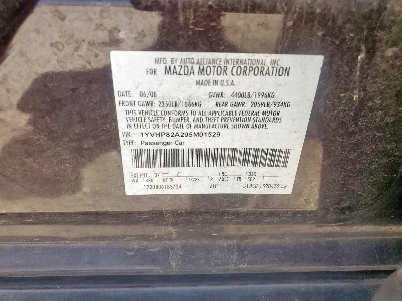 2009 Mazda 6 I VIN: 1YVHP82A295M01529 Lot: 61857335
