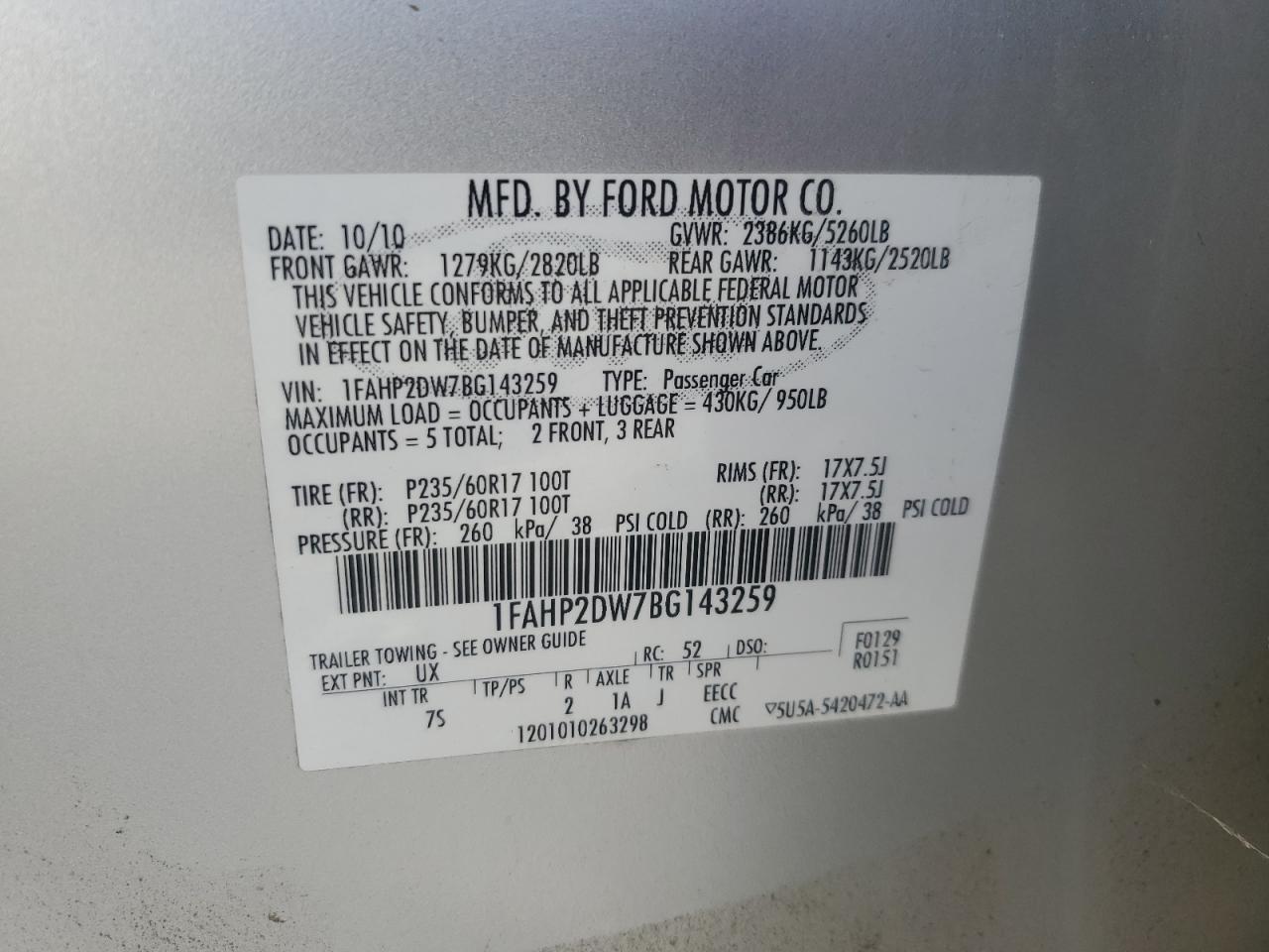 2011 Ford Taurus Se VIN: 1FAHP2DW7BG143259 Lot: 63867615