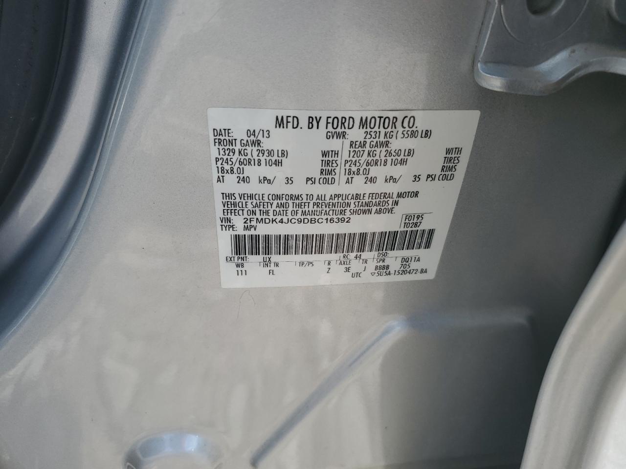 2013 Ford Edge Sel VIN: 2FMDK4JC9DBC16392 Lot: 66627715