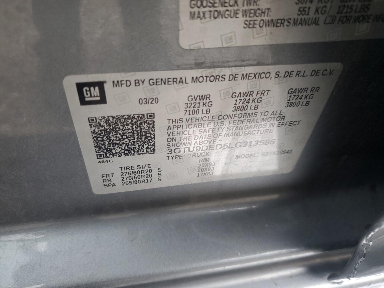 2020 GMC Sierra K1500 Slt VIN: 3GTU9DED5LG313586 Lot: 66532905