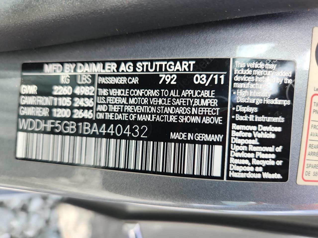 2011 Mercedes-Benz E 350 VIN: WDDHF5GB1BA440432 Lot: 65137215
