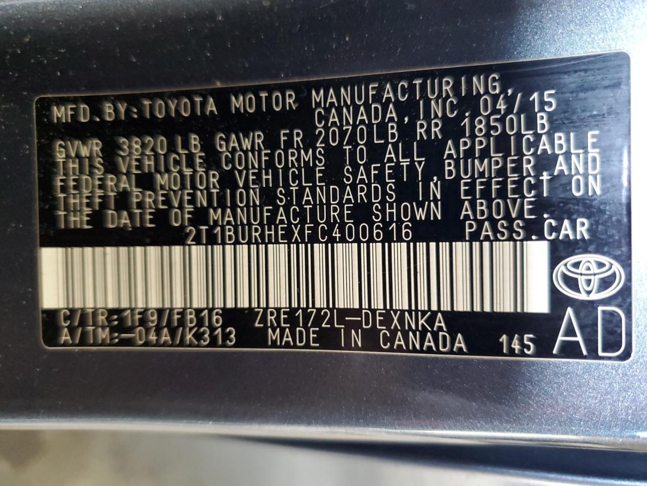 2015 Toyota Corolla L VIN: 2T1BURHEXFC400616 Lot: 64731825