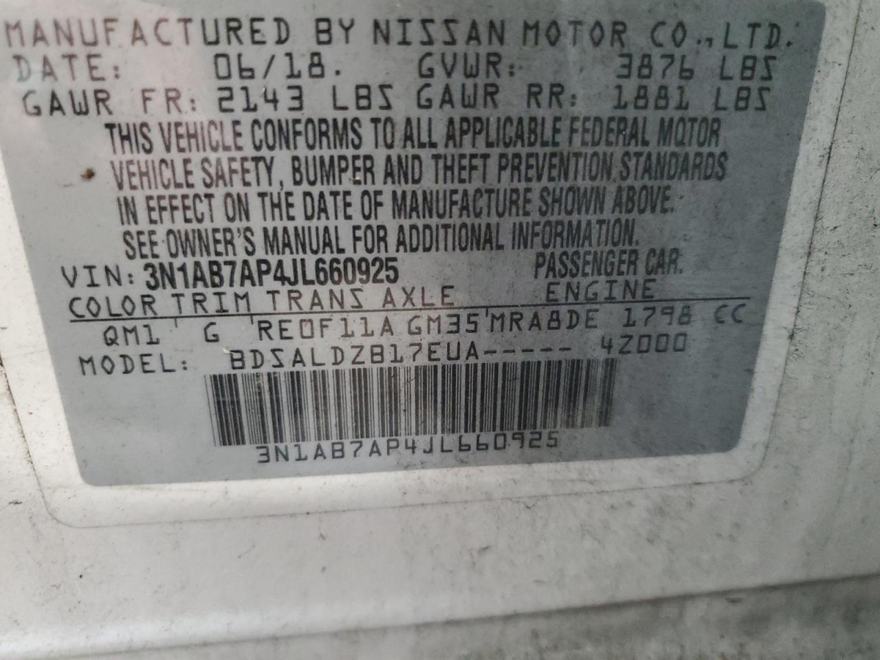 2018 Nissan Sentra S VIN: 3N1AB7AP4JL660925 Lot: 66087225