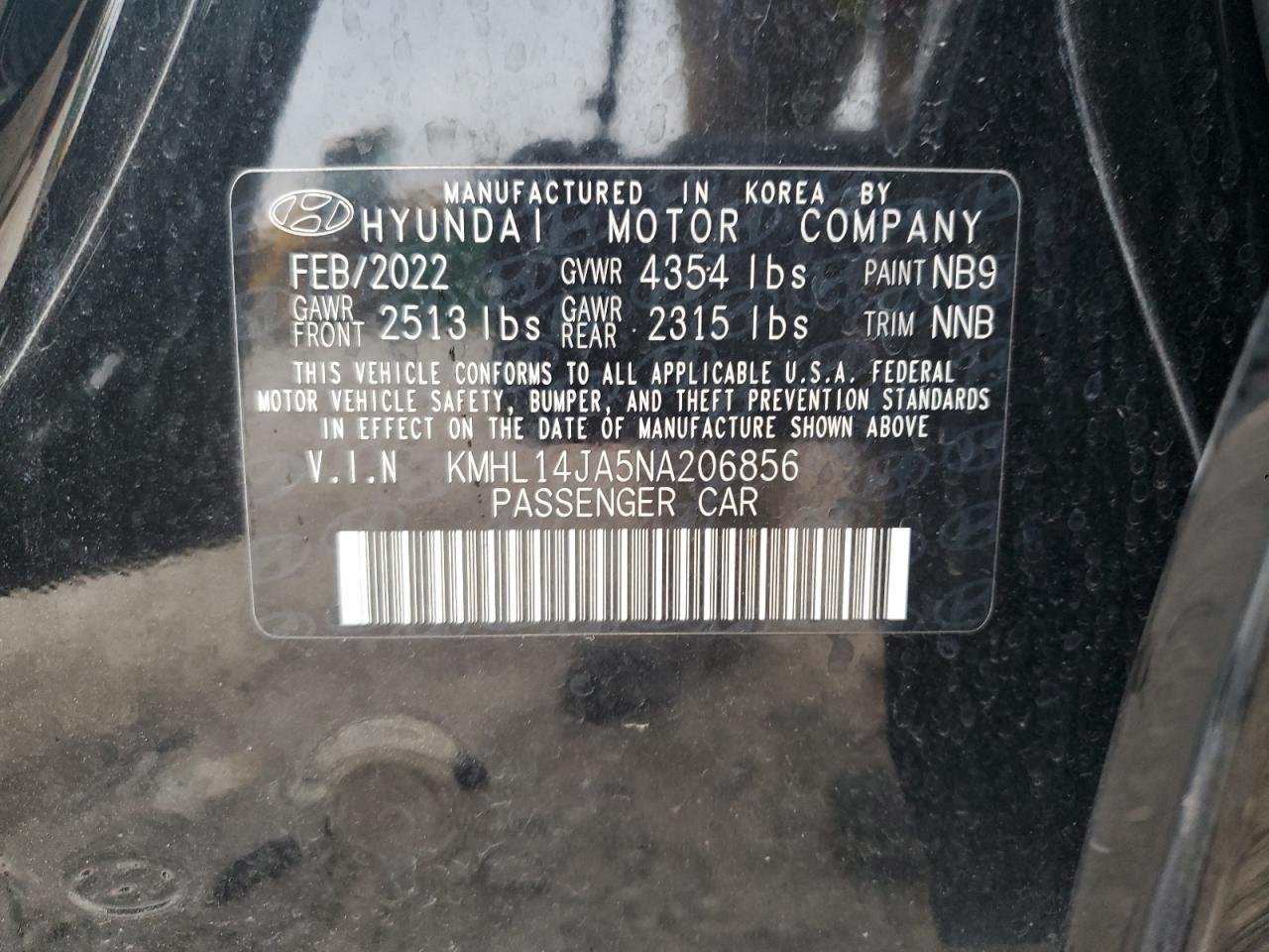 2022 Hyundai Sonata Sel VIN: KMHL14JA5NA206856 Lot: 63929945