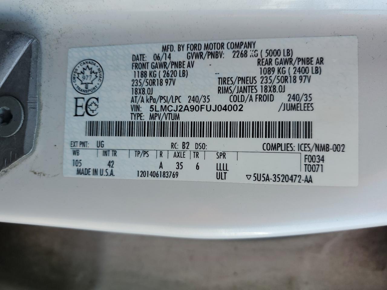 2015 Lincoln Mkc VIN: 5LMCJ2A90FUJ04002 Lot: 65342065