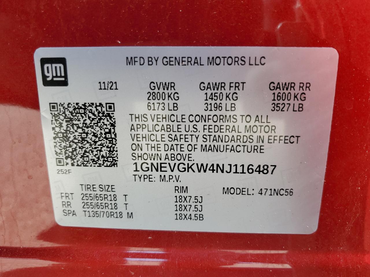 2022 Chevrolet Traverse Lt VIN: 1GNEVGKW4NJ116487 Lot: 63188195