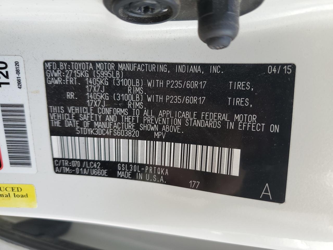 2015 Toyota Sienna Xle VIN: 5TDYK3DC4FS603820 Lot: 64168365