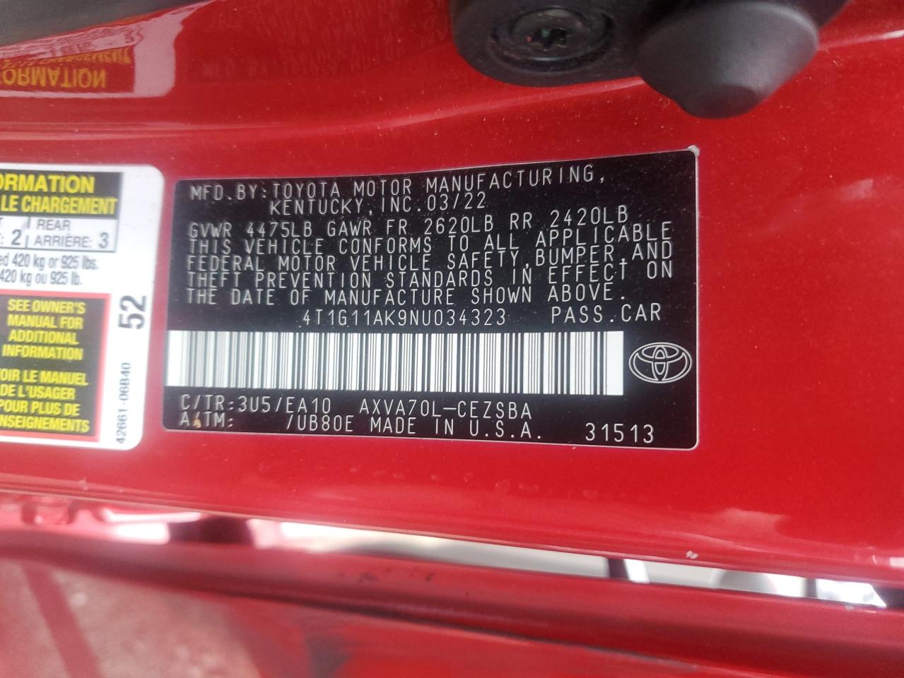 2022 Toyota Camry Se VIN: 4T1G11AK9NU034323 Lot: 64170215