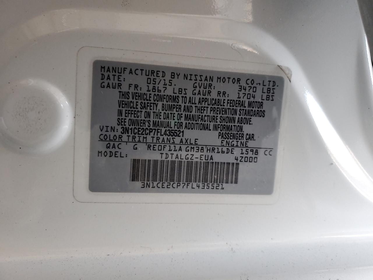 2015 Nissan Versa Note S VIN: 3N1CE2CP7FL435521 Lot: 64794875