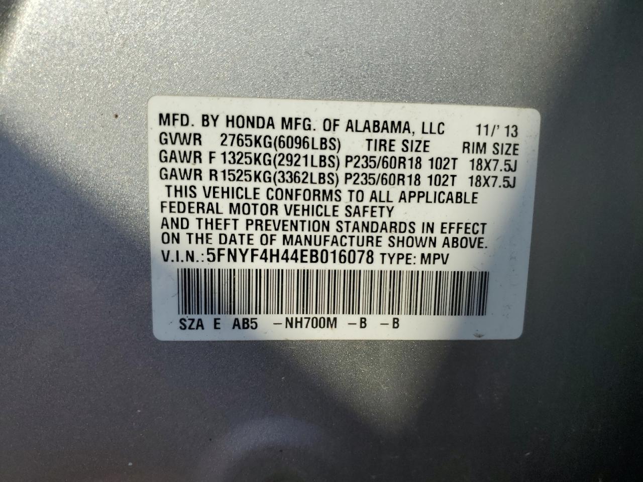 2014 Honda Pilot Ex VIN: 5FNYF4H44EB016078 Lot: 64676955