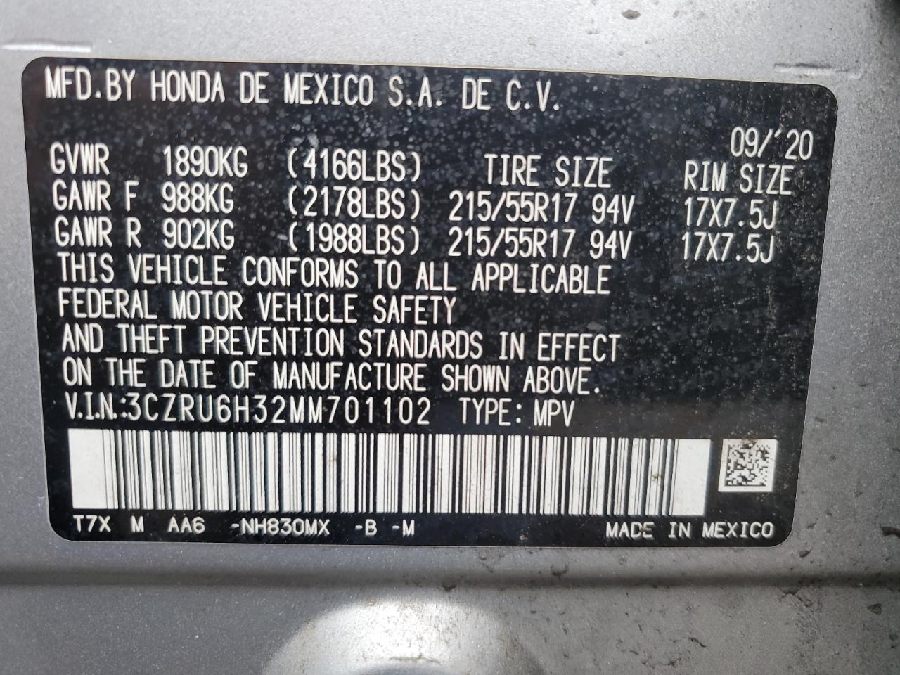 2021 Honda Hr-V Lx VIN: 3CZRU6H32MM701102 Lot: 63215115