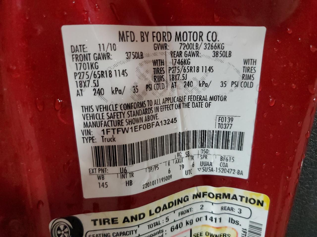 2011 Ford F150 Supercrew VIN: 1FTFW1EF0BFA13245 Lot: 63825815