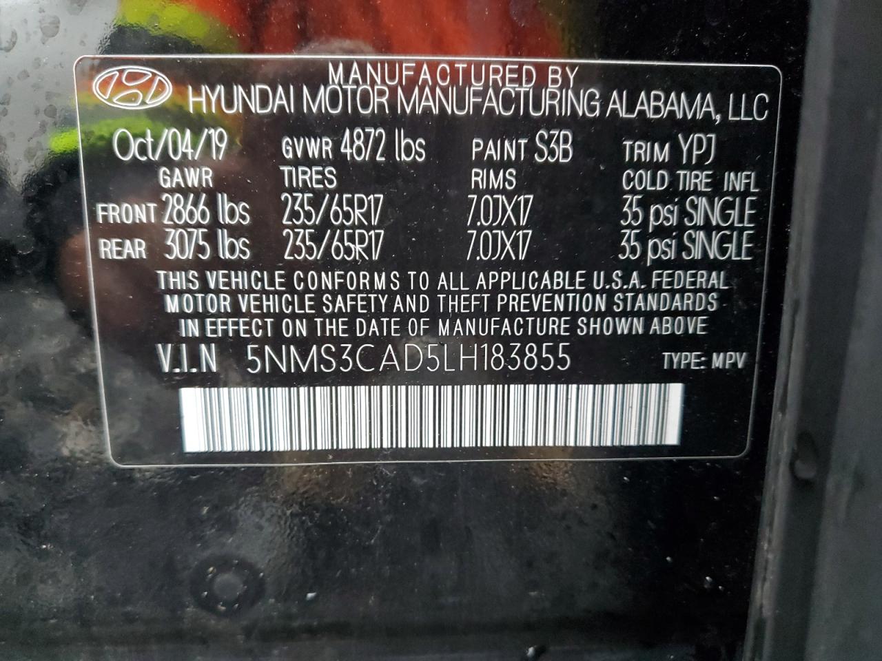 2020 Hyundai Santa Fe Sel VIN: 5NMS3CAD5LH183855 Lot: 63242025