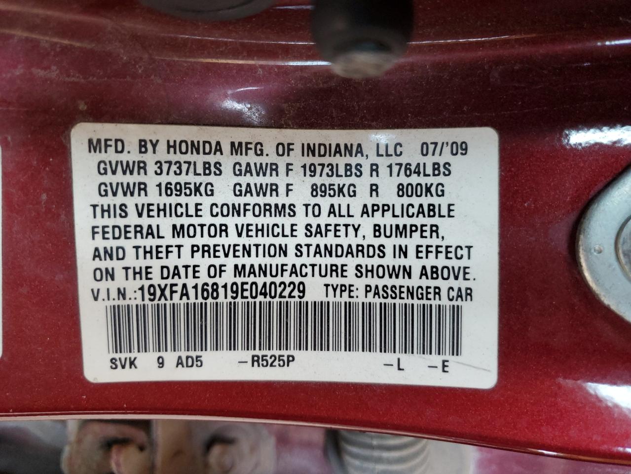 2009 Honda Civic Ex VIN: 19XFA16819E040229 Lot: 65290525