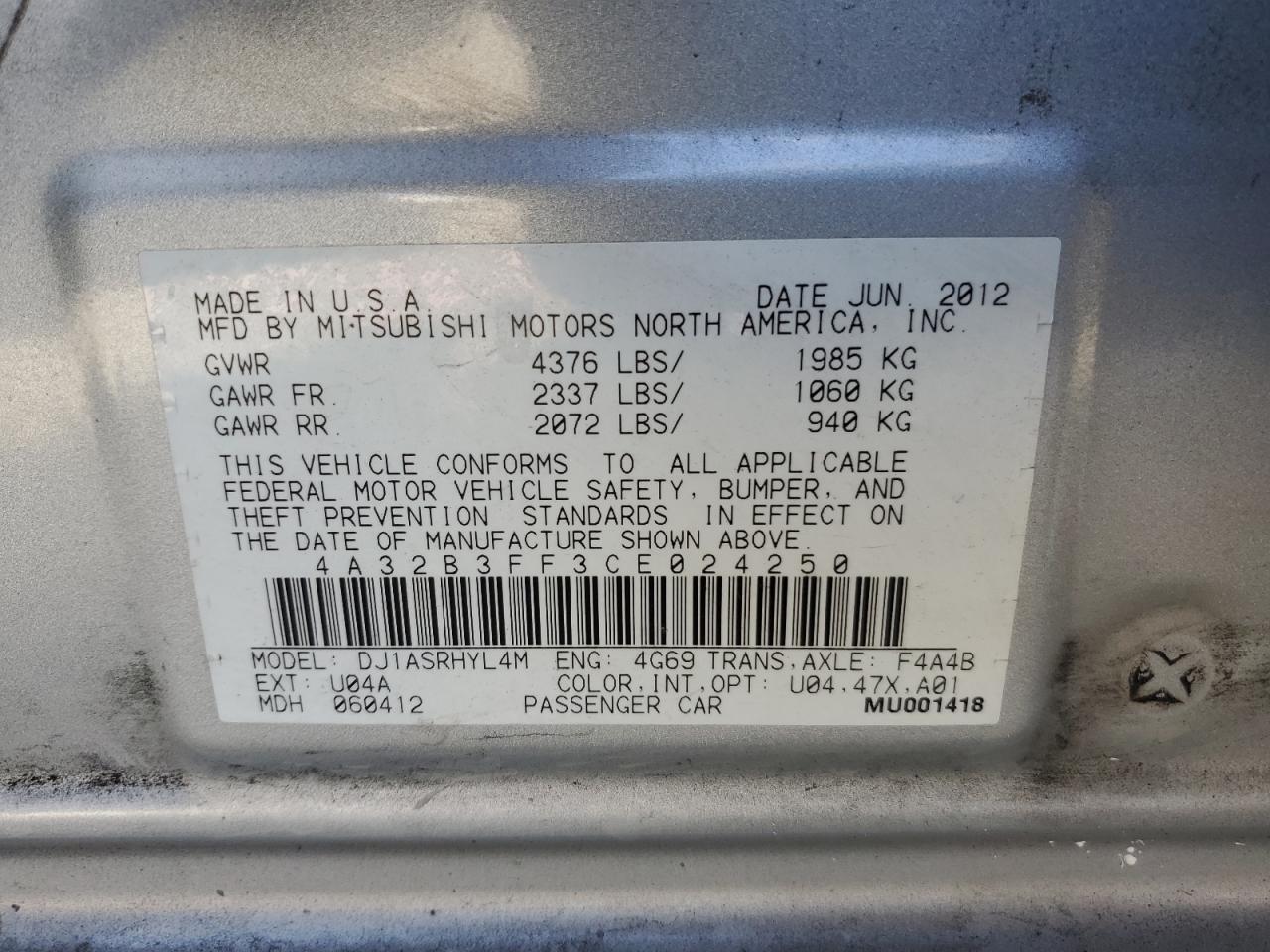 2012 Mitsubishi Galant Es VIN: 4A32B3FF3CE024250 Lot: 63101885