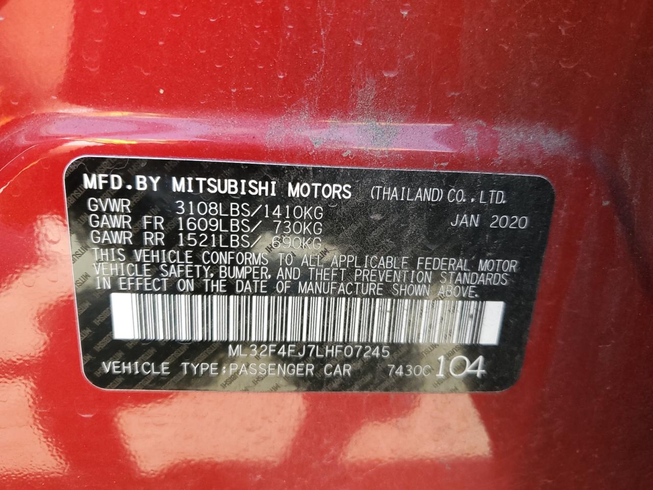 2020 Mitsubishi Mirage G4 Se VIN: ML32F4FJ7LHF07245 Lot: 63271665