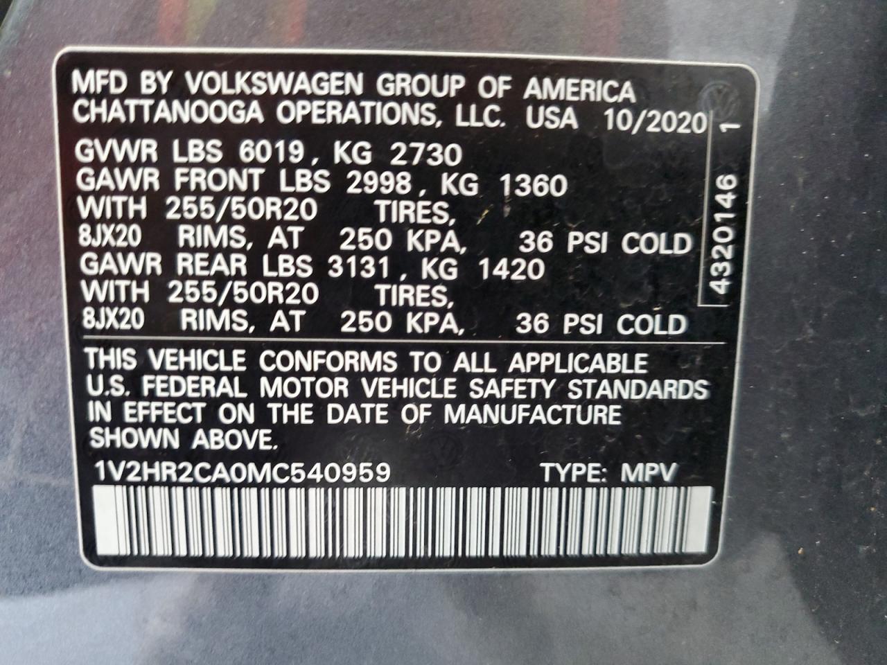 2021 Volkswagen Atlas Se VIN: 1V2HR2CA0MC540959 Lot: 64463925