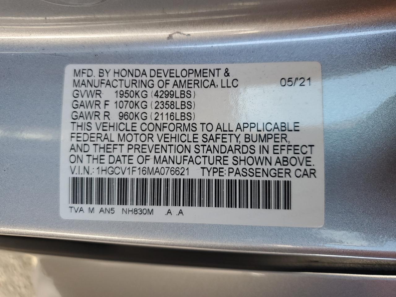 2021 Honda Accord Lx VIN: 1HGCV1F16MA076621 Lot: 64069915