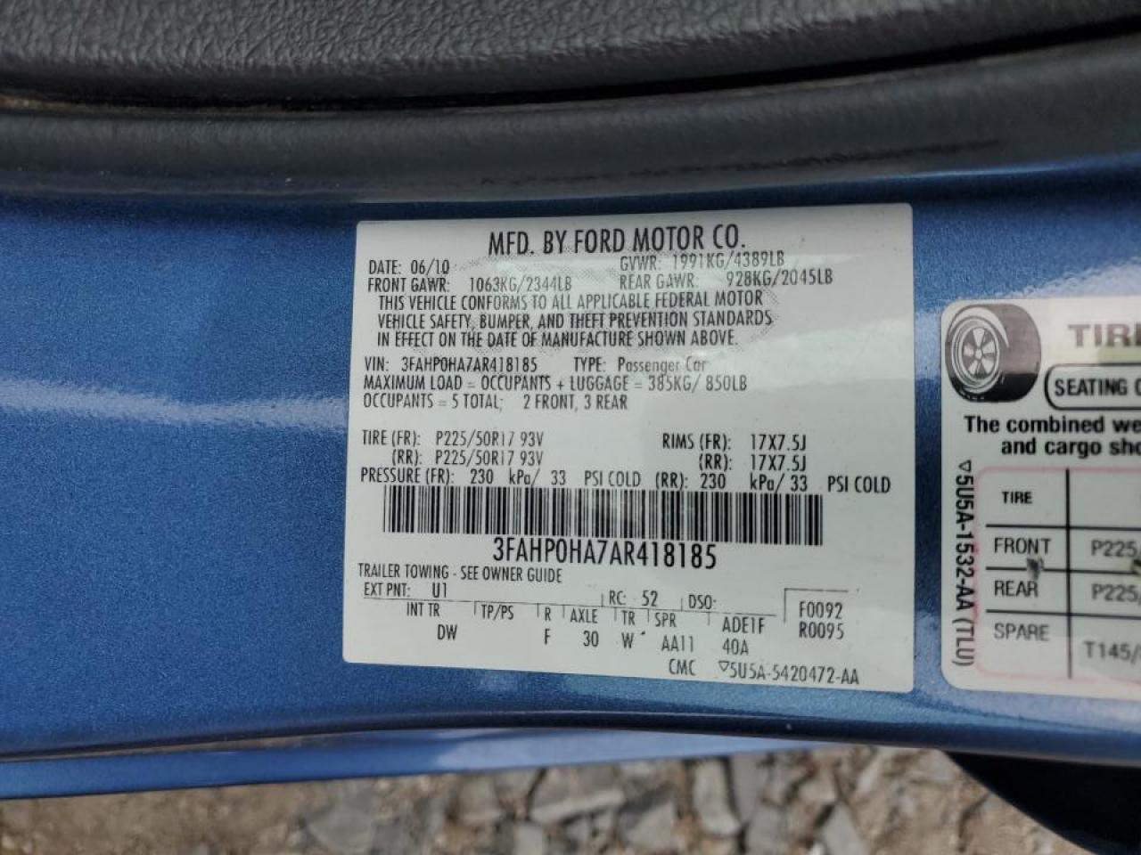 2010 Ford Fusion Se VIN: 3FAHP0HA7AR418185 Lot: 64302385