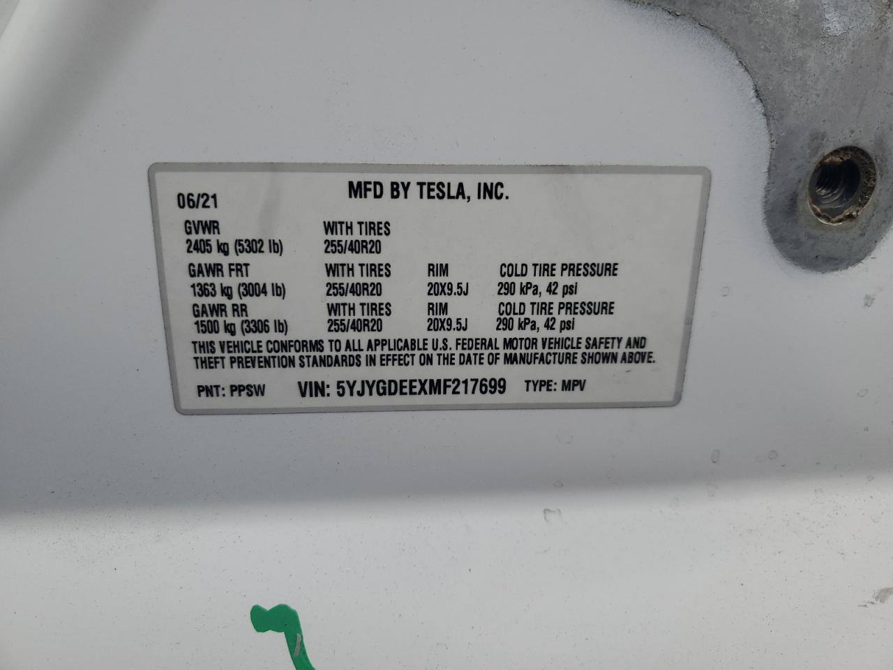 2021 Tesla Model Y VIN: 5YJYGDEEXMF217699 Lot: 66033155