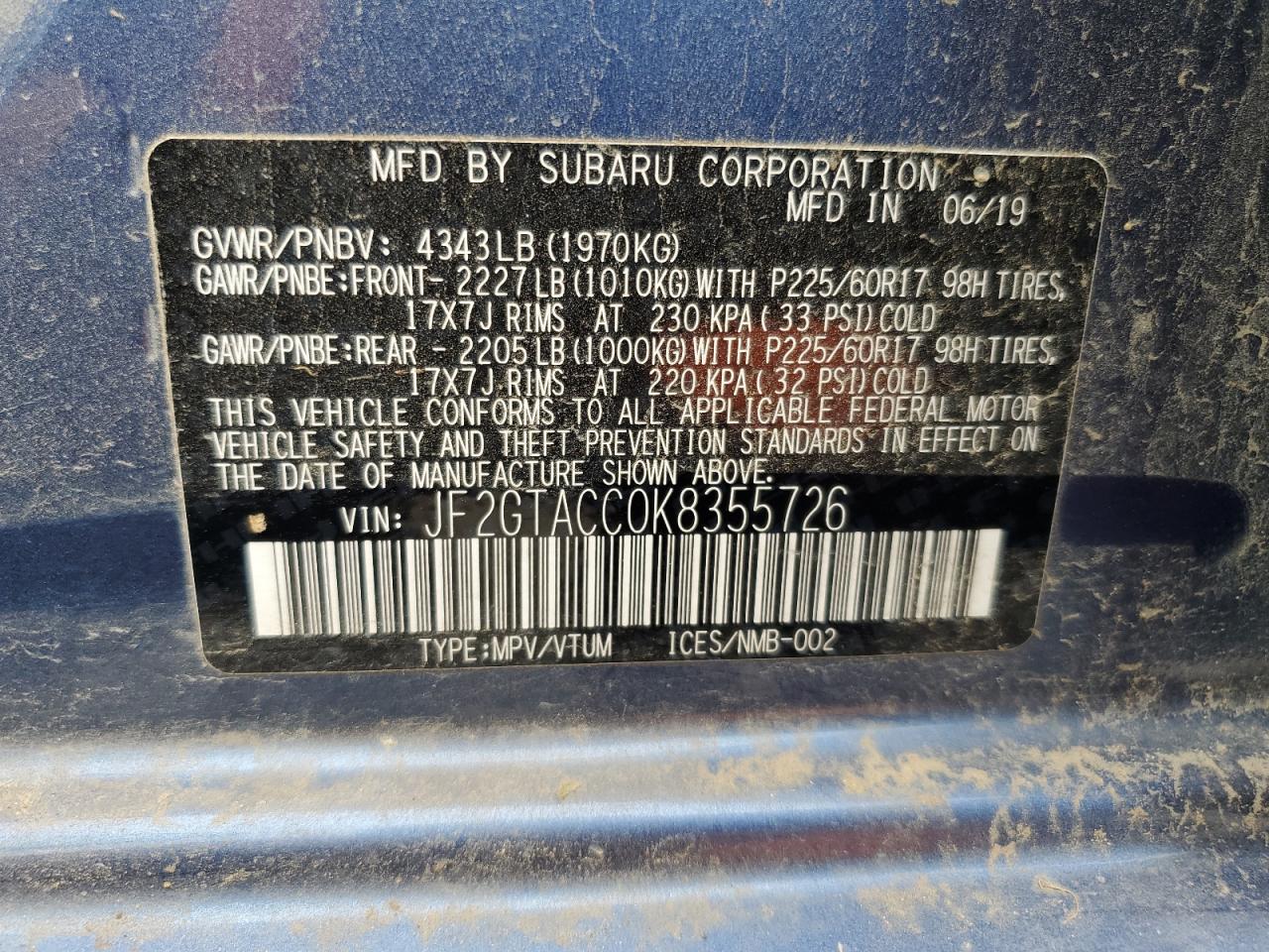 2019 Subaru Crosstrek Premium VIN: JF2GTACC0K8355726 Lot: 64255255