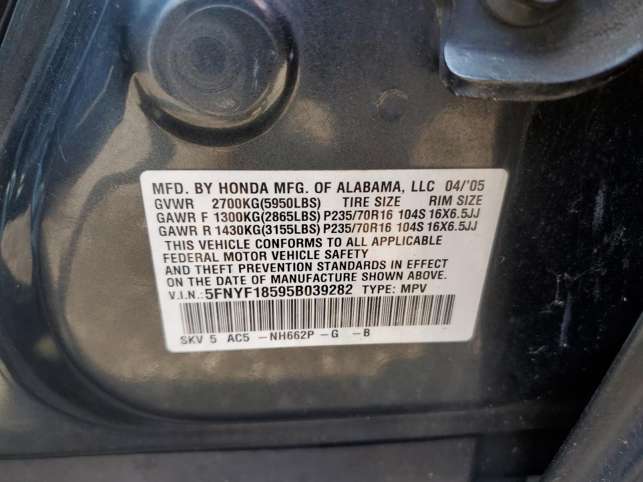 2005 Honda Pilot Exl VIN: 5FNYF18595B039282 Lot: 63324355